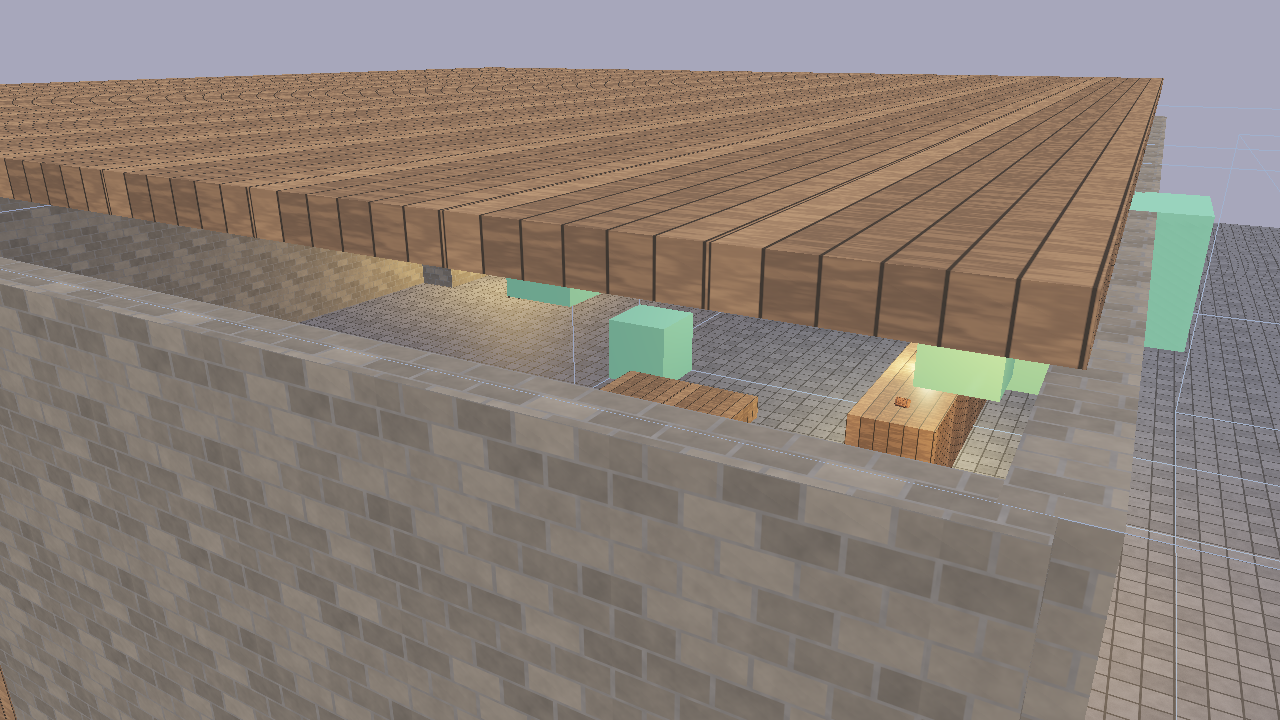 The finished tavern — atmospheric interior with NPCs, fireplace, and furniture