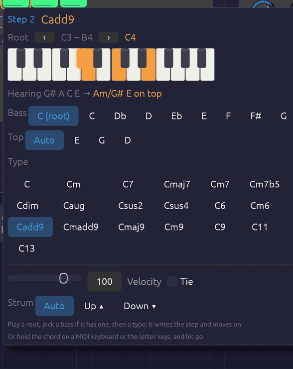 A chord being played into the popover