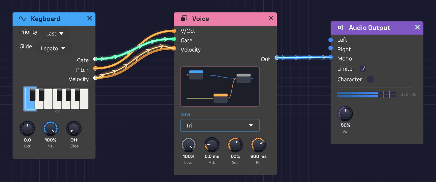 A group called Voice, playing, with a Wave dropdown and four knobs on its face