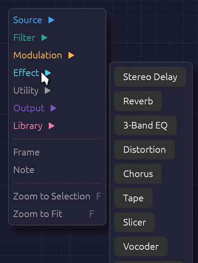 The add menu, showing the Effect category