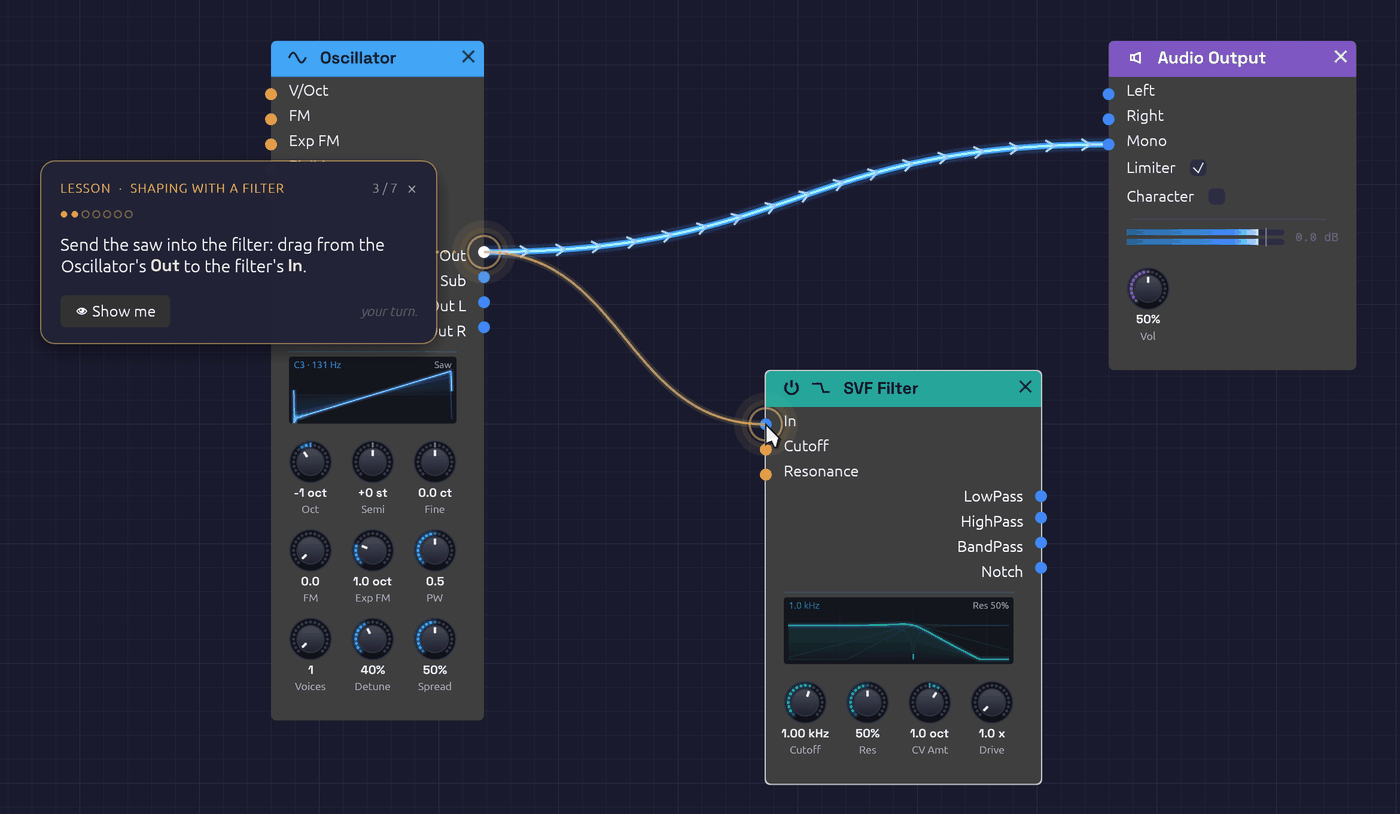 Shaping with a Filter, its third step: the ghost pointer shows a cable from the Oscillator's Out to the filter's In